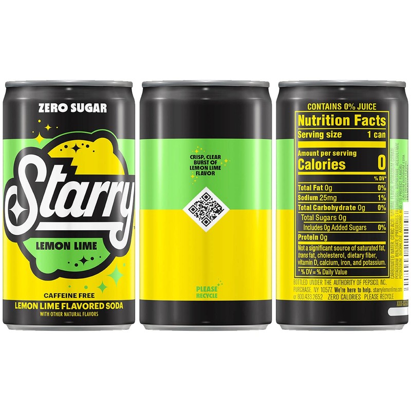 Starry Zero Sugar Lemon Lime Soda, Caffeine Free, Mini Cans,