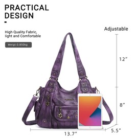 Angel Barcelo Roomy Fashion Hobo Womens Handbags Ladies Purses Satchel Shoulder Bags Tote Washed Leather Bag D.Purple