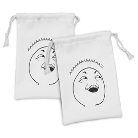 Ambesonne Humor Fabric Pouch Set of 2, Lol Guy Happy Boy Meme Face Internet Community Illustration, Small Drawstring Bag for Toiletries Masks and Favors, 9" x 6", Black and White