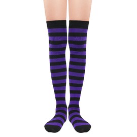 Century Star Women's Casual Athlete Striped Over Knee Thin Thigh High Tights Long Stocking Socks 1 Pair Purple White Stripes