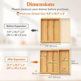 Lifewit 4 Compartments Bamboo Utensil Drawer Organizer, Expendable Cooking Silverware Tray for Kitchen Drawer - Color: Natural