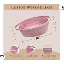 Amrocky Small Woven Basket with Gift Bags and Ribbons, Empty Baby Gift Baskets for Kids Women Men, Nursery Storage, Small Cat Dog Pet Toy Boxes, 31 x 20 x 13 CM, Pink