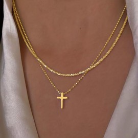 Aonklot Dainty Layered Choker Necklace Cross Pendant Necklace Sparkly Rhinestone Necklace Adjustable Layering Necklace Trendy Jewelry Gift for Women (Style 3)