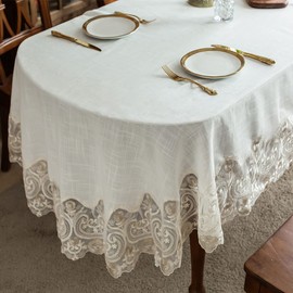 ARTABLE Lace Rectangular Tablecloths with Exquisite Macrame Border Clear Embroidered Kitchen Holidays Fabric Tablecloth (Beige, 60 x 84 Inch Oval)