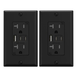 ELEGRP USB Outlets, 20 Amp Wall Outlet with 3 USB Ports, Dual USB C Ports Outlets, TR Tamper-Resistant USB Outlets Receptacles, Wall Plate Included, UL/CUL Listed, 2 Pack, Black