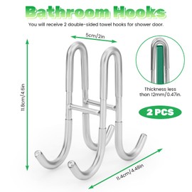 Modixun 2 Pack Double-Sided Towel Hooks for Shower Door, Over Bathroom Frameless Glass Door Rack Hooks for Loofah Robe Shaver, 304 Stainless Steel, Silver
