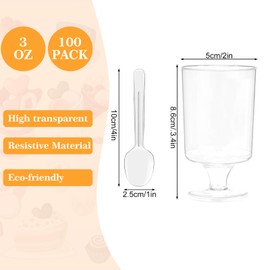Whaline 100 Pack 3 Oz Mini Dessert Cups with Spoons Disposable Appetizer Cup Goblet Clear Plastic Dessert Pedestal Cups for Party Appetizers Parfait Snacks Serving