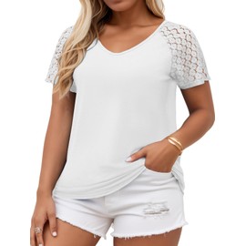 Plus Size Tops for Women Summer V Neck Loose Fit Tunic 5X Casual Raglan Lace Short Sleeve Shirts White