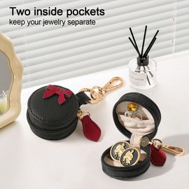 GELVTIC Travel Jewelry Holder Keychain, Mini Jewelry Case Portable Faux Leather Ring Organizer Box Gym Sports Earrings Necklace Ring Storage Jewelry Box for Women Mother Gift (JC04-Red Bow)