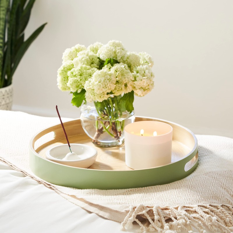 HABITAAS Spun Bamboo Round Serving Tray, Sage, 13.75 Inches