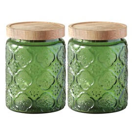 Jueison Glass Jar with Lid, Vintage Glass Storage Jars with Airtight Lid Coffee Canister Sugar Container for Kitchen Counter Pantry, Flour, Candy, Tea, Coffee Beans, Oats (Begonia Green*2)