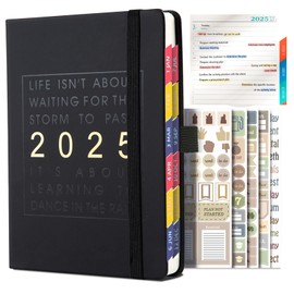 A5 Diary 2025 Week to View Day Per Page to do List Notebook Hourly Daily Weekly & Monthly Diaries Jan.2025 - Dec.2025 Banded Hard Cover with Colorful Monthly Tabs,8.26" x 5.7"-Minimalist Black
