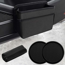 DEARBAG Auto Mülleimer Klein, Faltbarer Auto Seitentür Mülleimer mit 2 Auto Getränkehalter Untersetzer, 1 Rolle Müllsack, Wasserdichter Auslaufsicherer Hängender Aufbewahrungsbox, für Auto SUV Truck