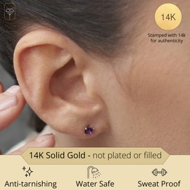 MAX + STONE 14k Yellow Gold Square Stud Earrings for Women with Princess Cut Purple Amethyst 4 mm February Birthstone and Push Backs