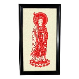 Framed Artwork of Chinese Paper-cut Art, Jian Zhi, Ksitigarbha, 15"x 28" with Frame
