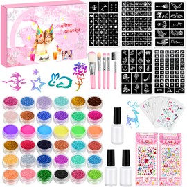 CZMAO Glitter Tattoo Set for Children, 36 Colours, Temporary Glitter Tattoo for Girls with 203 Stencils, 5 Brushes, 4 Glues, Gift for Boys Girls Adults Party