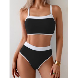 Fanuerg Women's High Waisted Bikini Sets Patchwork Two Piece Swimsuits Color Block Bathing Suits Black M
