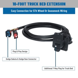 MECMO 10-Foot 7-Pin Trailer Wiring Harness Extension for Dodge 1995-2009 Ram 1500 2500 3500, 1995-2010 Dodge Dakota, 2010-2011 Ram Dakota for 5th Wheel or Gooseneck in Bed Connection 7-Pole Connector
