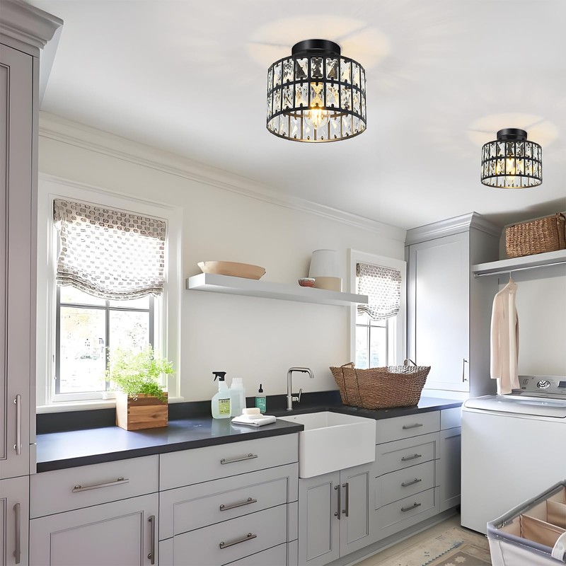 Modern Round Crystal Ceiling Light, 1-Light Flush Mount with Square