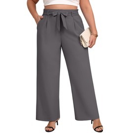 Evervibe Women's Plus Size Wide Leg Dress Pants High Waist Palazzo Adjustable Knot Casual Business Trousers with Pockets(Smoky Gray,3XL)