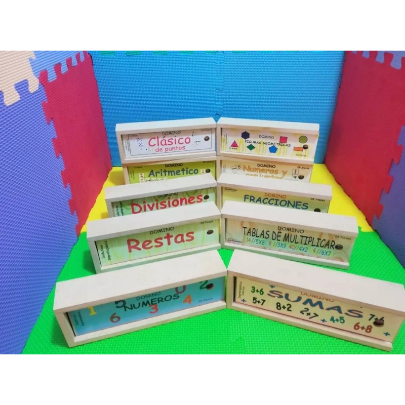 Domino Kit Con 5 Dominós De Madera Didácticos: 17 Modelos