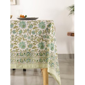 Labhanshi Indian Handblock Print Floral 100% Cotton Rectangle Table Cloth|72x108 Inch 8-Seater Rustic Farmhouse Decorative Table Cover|Thanksgiving Valentine Day Festive Holiday Decor|Green Jaal