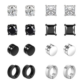 8 Pairs Stainless Steel Magnetic Earrings for Men Women Girls Hoop Earrings CZ Magnet Non-Penetrating Clip Magnetic Stud Earrings Clips Nickel-Free Tunnel Ear Clips Non Piercing Earrings Set Black,