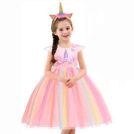 URAQT Unicorn Costume, Princess Unicorn Dress Fancy Dress with Necklace, Headband for Kids & Toddlers Birthday/Cosplay/Hallween Party,Pink&Yellow 110CM