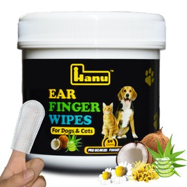 Hanu Ear Finger Wipes for Dogs & Cats Gently Remove Dirt, Wax & Debris - Relieve Ear Itching & Discomfort, Sooths & Deodorizes - All Natural Ingredients - Vet Recommended - 50 Count