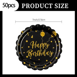 HFBOBP Pack of 50 Party Plates, Gold Foil Plates, Black with Gold Print, Polka Dot Party Tableware for Dinner, Dessert, Wedding, Anniversary, Valentine's Day