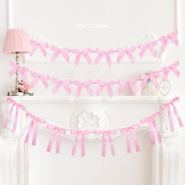 3Pcs Pink Bow Garland Banner,Ribbon Bow Garland Banner for Birthday Bachelorette Party Decorations, Bridal Showers, Satin Bow Party Decorations for Wedding Decorations Engagement Supplies