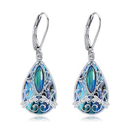 Dragonfly Filigree Earrings Sterling Silver Dragonfly Teardrop Abalone Shell Drop Dangle Earrings Jewelry for Women