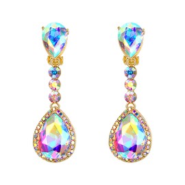 BriLove Wedding Bridal Clip-On Earrings for Women Crystal Teardrop Infinity Figure 8 Chandelier Iridescent AB Gold-Toned