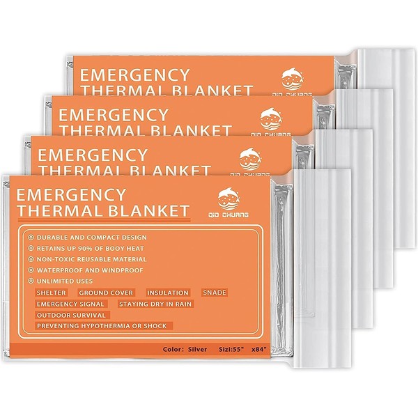 QIO CHUANG Emergency Mylar Thermal Blankets -Space Blanket Survival kit Camping Blanket (4-Pack). Perfect for Outdoors, Hiking, Survival, Bug Out Bag ，Marathons or First Aid 1