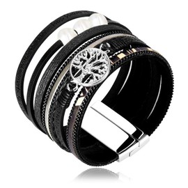 RONLLNA Tree of Life Leather Cuff Bracelet for Women Wrap Cross Bracelets Boho Bracelets with Pearl Gifts for Women Black Tree