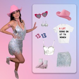 Women's Glitter Skirt XS - XL Zip Concert Fringe Sequins Skirt Festival Glitter Skirt, silver