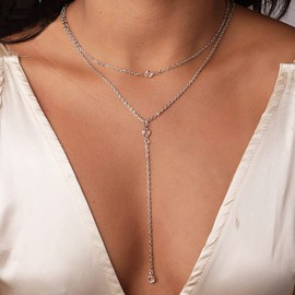 TseenYi Layered CZ Lariat Necklace Choker Boho Crystal Dangle Necklace Multilayer Long Y Necklace Summer Beach Necklace for Women and Girls (Silver, 1 Piece)