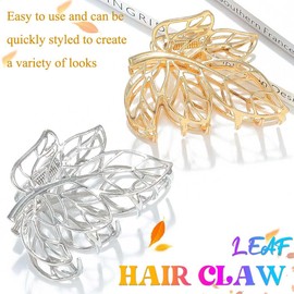 CAKURE Leaf Hair Claw Clips Gold Metal Hair Clips Medium Nonslip Hair Claws Leaves Hair Accessories for Women (Pack of 2) (a-gold&silver)