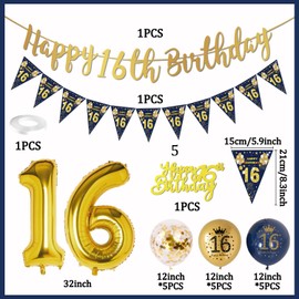 16th Birthday Decorations Boys Blue Gold Happy 16th Birthday Banner, 16th Birthday Balloons, Navy Blue Gold Latex Balloons Party Decorations Confetti Balloons for Boys 16 Birthday Party Supplies