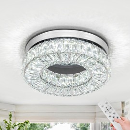 HomLaiting 7.8” Crystal Ceiling Light Fixture, Mini Round Chandeliers 6500K Cool White Modern Flush Mount Ceiling Light, LED Small Chandelier for Hallway Bedroom Foyer Kitchen Bathroom