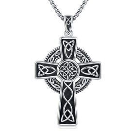 Midir&Etain Irish Celtic Cross Necklace 925 Sterling Silver Cross Pendant Necklace Celtic Viking Jewellery Religious Protective Gift for Men Women Boys