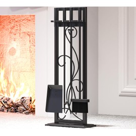 Kingson 5 Pieces Heavy Duty Fireplace Tools Sets Wrought Iron Indoor Fireplace Décor Tools Outdoor Fireplace Accessories Tool Sets Decorative-Black