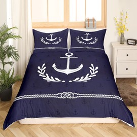 Anchor Bedding Set Queen Size,White Geometric Abstract Rope Palm Leaf Duvet Cover 3pcs for Kids Boys Teens Room Decor,Nautical Adventure Comforter Cover Navy Blue Quilt Cover,2 Pillowcases