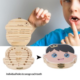 Tooth Keepsake Box, Individual Holes Primary Teeth Organizer Baby Wooden Tooth Box English Kids Keepsake Box (Boys Type)
