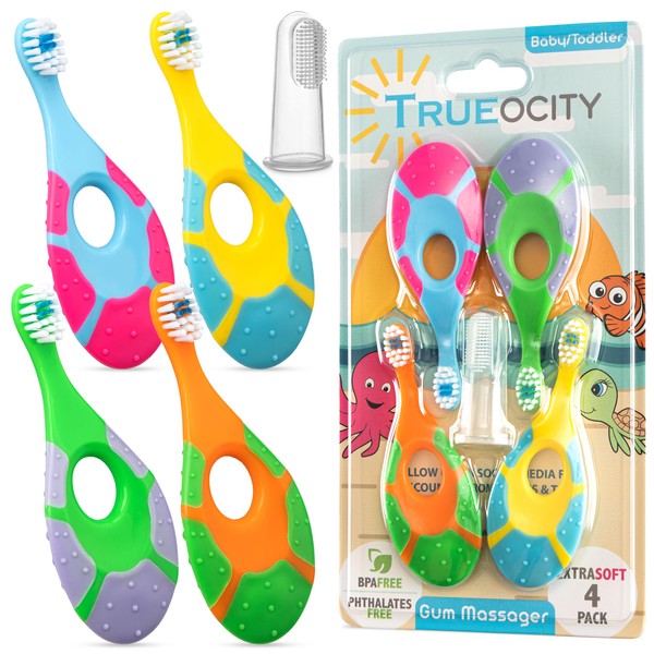 Baby Toothbrush 4 Pack, Toddler Toothbrush Age 1-2 & Bonus Silicone Finger Brush, Soft Bristles, Toddler Toothbrushes, Infant & Training w/Teething Handle, 0-2 Years, Multi Color Set