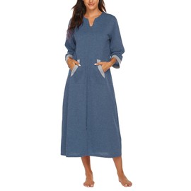 Ekouaer Women Zipper Robe 3/4 Sleeves Loungewear Dress Full Length Sleepwear Pockets Housecoat Nightgown Long Bathrobe