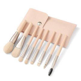 Liasun Juego de 8 brochas de maquillaje de viaje, de fibra sintética de alta calidad, corrector de rubor, cejas, sombra de ojos, pincel en ángulo, cepillo de maquillaje de labios con bolsa de almacenamiento (beige rosa)