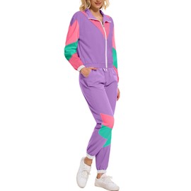 ZDT Womens 80s Outfits 90s Tracksuit Color Block 2 Piece Long Sleeve Windbreaker Jacket Set, Lavender, Large