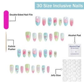 3D Press on Nails Medium Almond SWEKKE Summer Fake Nails Flower False Nails with Hibiscus Starfish Shell Designs Glossy Glue on Nails Hawaii Acrylic Nails for Women Girls 30Pcs
