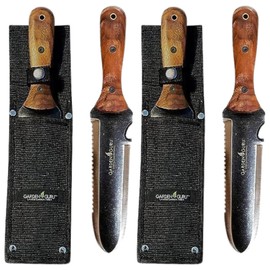 Garden Guru Hori Hori Gardening Knife for Weeding Digging Pruning & Cultivating - Stainless Steel Full Tang Blade Walnut Wood Handle Marks for Measuring Planting Depth Nylon Sheath for Storage (2pack)